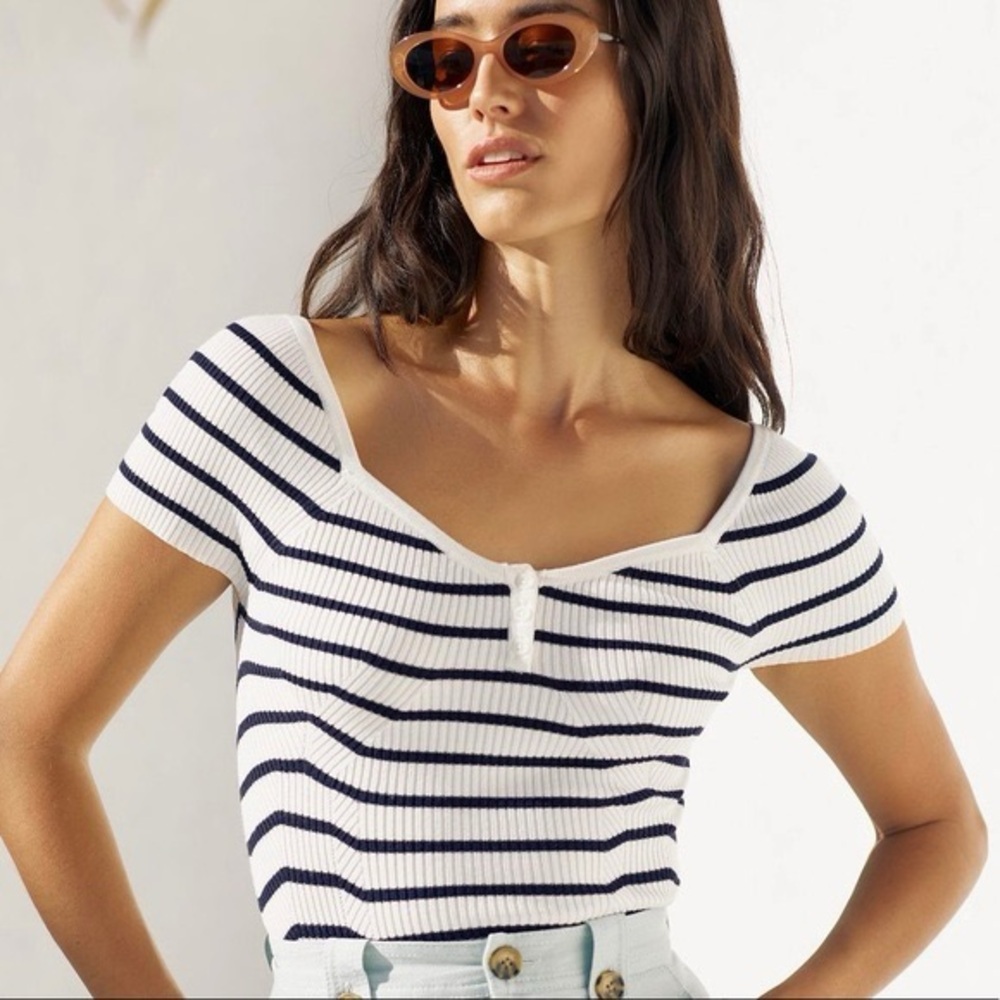 Maeve by Anthropologie Striped Ribbed Top White Navy New with Tags Small